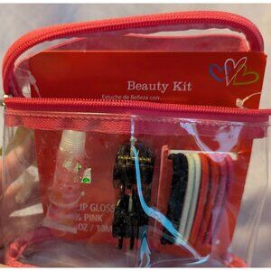 Girls Beauty Kit With Lip Gloss & Hair Accessories In Clear Pink Pouch